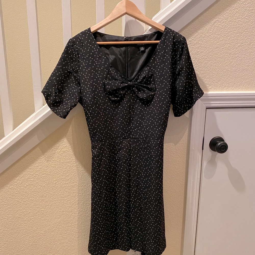 Black Dress With Tiny Birds Print + Bow